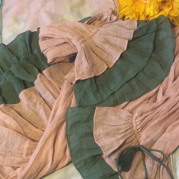 NUDE GREEN FLOWY COLD SHOULDER RUFFLED LINED DRESS - Picture 5 of 8